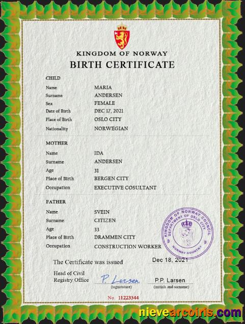 Norway birth certificate